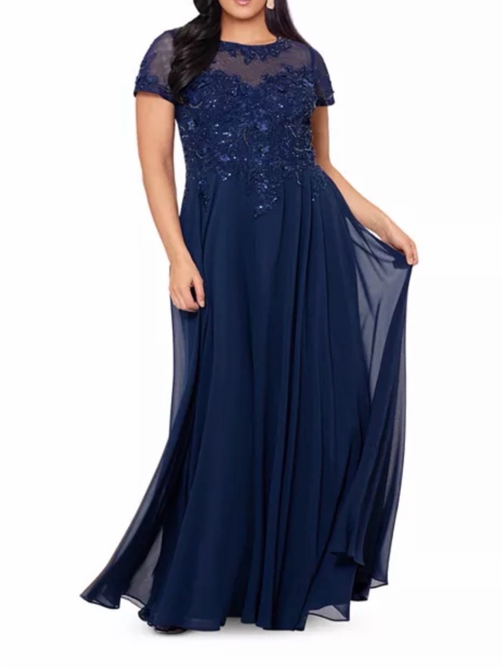 Xscape Elegant Navy Lace Appliqué Evening Gown